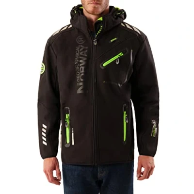 Afbeelding van Geographical Norway ROYAUTE MEN Heren Waterdichte Softshell Jas Outdoor Hooded Coat Winter Tactische Winddicht Ideaal Voor Buitenactiviteiten (Zwart/Groen XL)