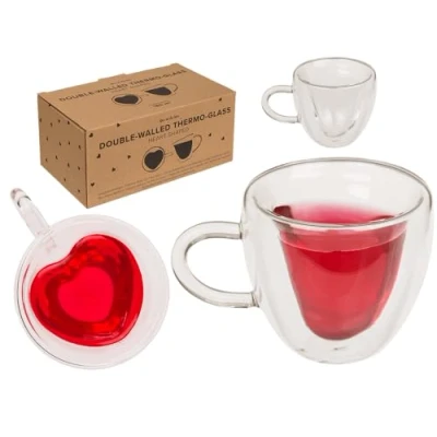 Afbeelding van Dubbelwandig thermisch glas met hartvorm, ca. 9 x 8,3 cm, 180 ml, brosilicaatglas, set van 2 in verpakking kraftpapier