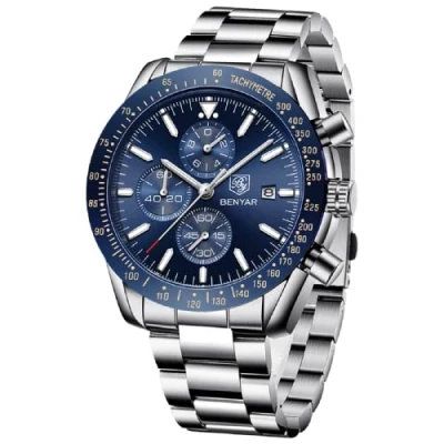 Afbeelding van Benyar Herenhorloge, chronograaf, analoog polshorloge voor heren, sport, kwartsuurwerk, waterdicht, datumhorloge, modieus cadeau mannen, zilver, blauw, armband
