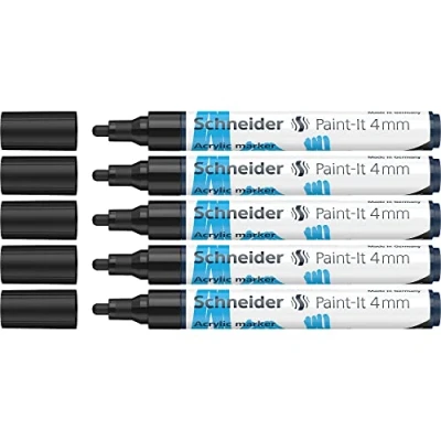 Afbeelding van Schneider Paint It Acrylstiften (met 4 mm ronde punt, hoogdekkende acrylverf voor hout, canvas, steen en nog veel meer.) 5 pack, zwart