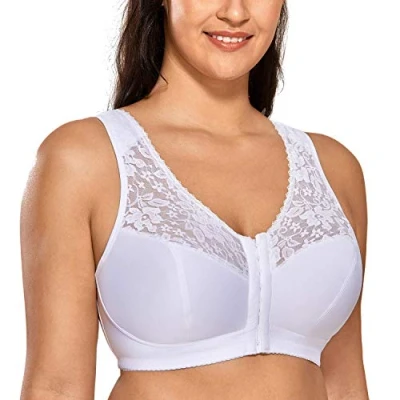 Afbeelding van DELIMIRA Dames volledig dekkende beha Met Voorsluiting Racerback Plus Maat Volledige Dekking Draadloze Bh comfortabele Lace Bh&#039;s wit 85E