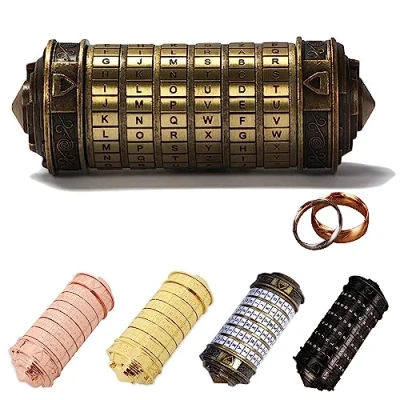 Afbeelding van MINGZE Da Vinci Code Lock, Mini Cryptex Retro Cilinder Alphabet Lockbox Kerstmis Valentijnsdag Verjaardag Interessante Creatieve Romantische Cadeau Geschenkdoos（Bronskleur）