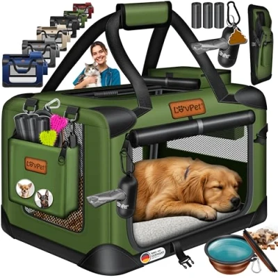 Afbeelding van Lovpet® Transportbox voor honden en katten, transporttas, L 102 x 69 cm, hondendraagtas, opvouwbaar, huisdiertransportbox, inclusief hondenbak schouderriem, kaki