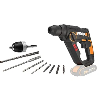 Afbeelding van WORX WX390.9 boorhamer SDS plus 20 V, krachtige boormachine met pneumatische hamerwerk en tweede handgreep, ideaal voor schroeven, boren hameren, 1,2 J slagenergie, zonder accu oplader