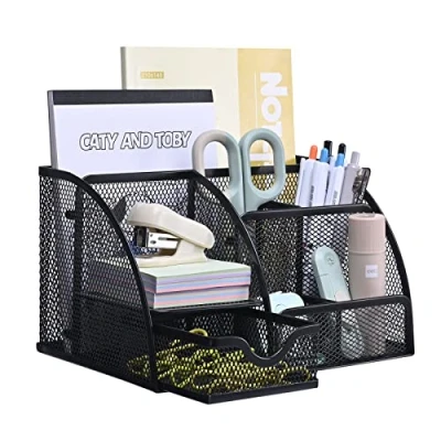 Afbeelding van MumdoYAL bureau organizer, mesh metalen kantoororganizer met lade en pennenhouder voor pennen, plaknotities, nietmachines, mapclips, zwart