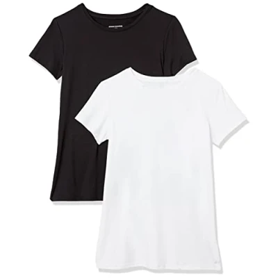 Afbeelding van Amazon Essentials Dames Tech Stretch T shirt met korte mouwen en ronde hals (verkrijgbaar in grote maten), 2 Pack, Zwart/Wit, L