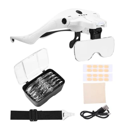 Afbeelding van Vergrootbril met licht, vergrotingsbril, USB lading 4 ledlicht en 2 instelbare helderheidsniveaus, loepbril voor brildragers, hoofdloep, 5 lenzen, 1,0 x 1,5 2,0 2,5 x, 3,5
