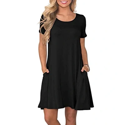 Afbeelding van AUSELILY Dames Zomerjurken Casual T shirt Korte Mouw Jurk Losse Swing met Zakken