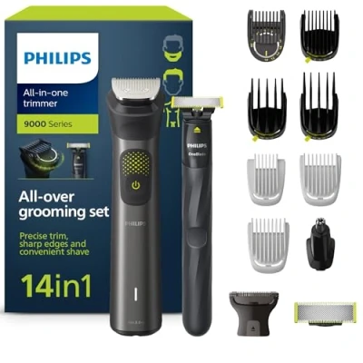 Afbeelding van Philips Series 9000 14 in 1 trimmer + OneBlade, nauwkeurig trimmen, strakke lijnen, comfortabel scheren, luxe etui, extra OneBlade mesje (model MG9550/15)