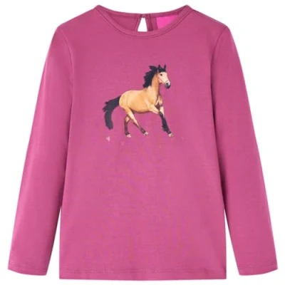 Afbeelding van Kindershirt met lange mouwen paardenprint 140 frambooskleurig