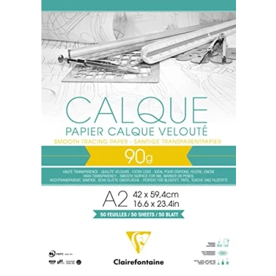 Afbeelding van Clairefontaine Ref 975094C Tracing Paper Pad (50 vellen) A2 formaat, 90/95g, hoge transparantie, glad oppervlak, zuurvrij, afdrukbaar Geschikt voor inkt, marker en potlood