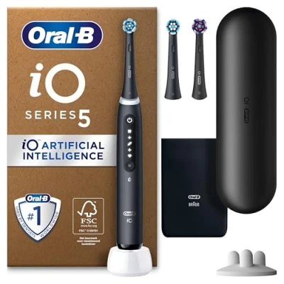 Afbeelding van Oral B iO 5 Zwarte Plus Edition Elektrische Tandenborstel, 3 Opzetborstels, 1 Reisetui, Ontworpen Door Braun, Zwart
