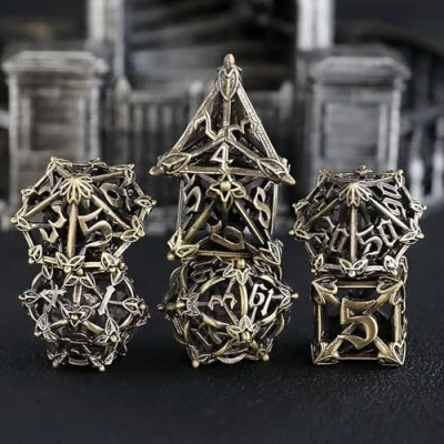 Afbeelding van Metalen DND dobbelstenen set 7 bloem holle polyeder brons dobbelsteen D20 D12 D10 D% D8 D6 D4 voor Dungeons &amp; Dragons RPG bordspellen tafelspellen MTG games