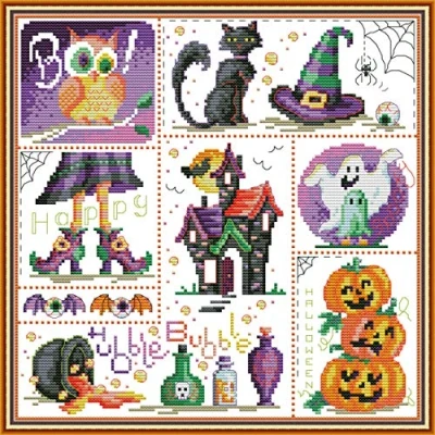 Afbeelding van Kruissteek Kits Gestempeld, OWN4B Halloween Gedrukt Patroon 11CT 16,1x16,1 inch DIY Borduurpakket (Halloween)