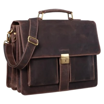 Afbeelding van STILORD &#039;Eros&#039; Briefcase lederen 15,6 inch laptoptas Zakelijke schoudertas Grote werktas XL Vintage hoes met drievoudige scheidingswand, Kleur:granada bruin