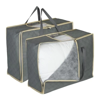 Afbeelding van Relaxdays opberghoes dekbed set van 2 stof 25 x 60 44 cm onder bed grijs