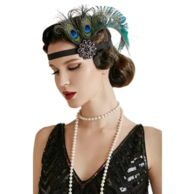 Afbeelding van BABEYOND Dameshoofdband in jaren 20 stijl met pauwenveren, 21 stijl, flapper haarband geïnspireerd door Great Gatsby dameskostuum accessoires 2