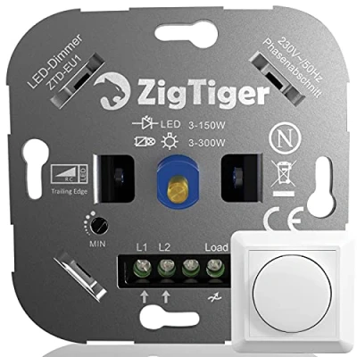 Afbeelding van Zigtiger led dimschakelaar, draaidimmer voor dimbare en halogeen, 3 100 W, zonder klemklauwen BT (LED 150W &amp; Halogen 300W/RC)