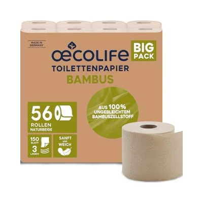 Afbeelding van oecolife Bambus Toiletpapier, 3 laags, 56 x 150 vellen per rol, superzacht, veganistisch, wc papier, duurzaam verpakking met 60% PCR aandeel (56 rollen)