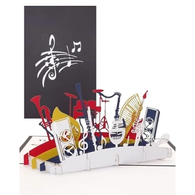Afbeelding van Pop up kaart orkest muziekinstrumenten 3D verjaardagskaart, uitnodigingskaart &amp; cadeaubon muziek instrument wenskaart, geschenkverpakking uitnodiging voor het concert