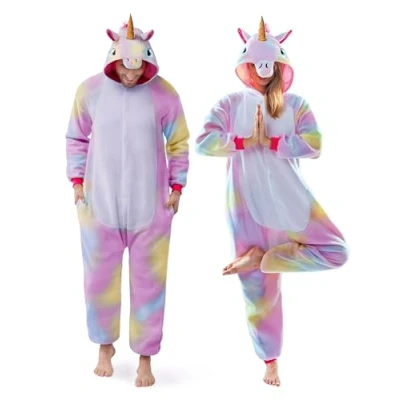 Afbeelding van Spooktacular Creations pyjama voor volwassenen, uniseks, slaappak, pluche, jumpsuit dames en heren, eenhoorn, dierenkostuum, Halloween, carnavalskostuum (Large)