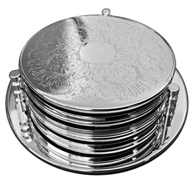 Afbeelding van Zilverkleurige pot flessenonderzetters met 6 glasonderzetters Classic 7 delig set zilver verguld in premium afwerking