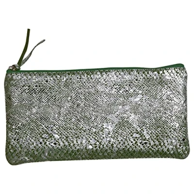 Afbeelding van Clairefontaine 410101C etui, plat, groen en zilver, slangenmotief, 22 x 11 cm, van echt lamsleer, schoolbenodigdheden, kleurpotloden, pennenetui