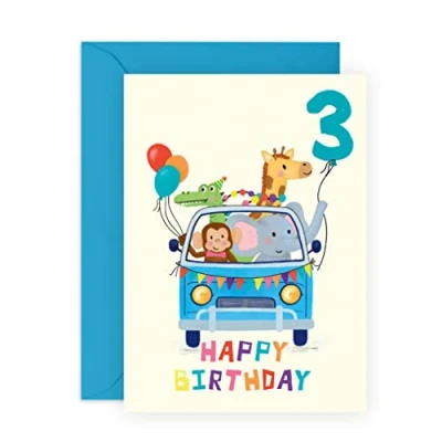 Afbeelding van Central 23 Derde verjaardagskaart voor jongens BDAY CAR DIEREN Leeftijd 3 jaar oud Gelukkige 3e verjaardag wenskaart kinderen zoon peuter wordt geleverd met stickers