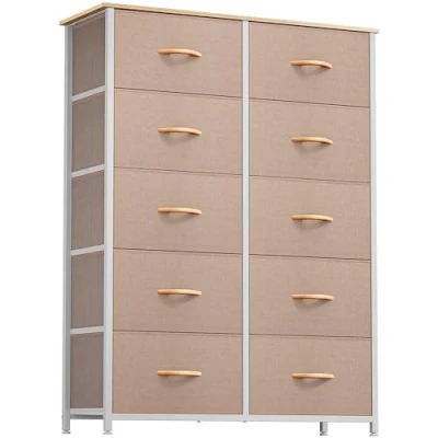 Afbeelding van YITAHOME Dressoir voor slaapkamer met 10 laden, opberglade organizer, commode woonkamer kast, stevig stalen frame, houten plank, stoffen laden (kaki)