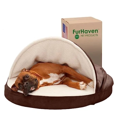 Afbeelding van Furhaven 88,9 cm rond traagschuim hondenbed voor grote/middelgrote honden met afneembare wasbare hoes, tot 50 lbs Sherpa &amp; Suede Snuggery Espresso, 35 inch