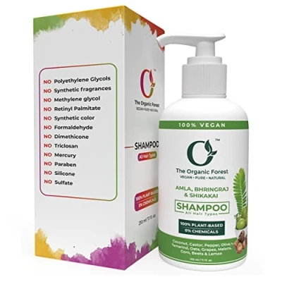 Afbeelding van Organic Forest 100% Vegan Shampoo Amla, Bhringraj &amp; Shikakai Prevents Aging, Reduces Hair Loss, Fights Dandruff, Avoids Lice, Slows Down Greying, Voedend Haar met Indiase Ayurvedic Kruiden 210 ml