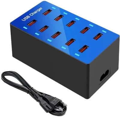 Afbeelding van USB oplader, 10 poorten laadstation, meerdere apparaten, wandlader, desktop intelligente poort voor iPhone 12/13/14/Samsung S23 Ultra/Z Flod/Z Flip/Xiaomi/iPad (blauw)