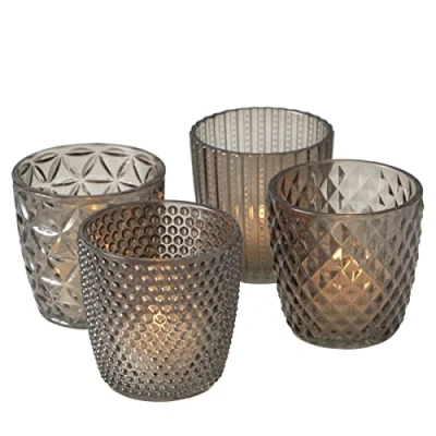 Afbeelding van Boltze Lantaarn Set Marilu 4 delig (grijs, decoratieve glazen voor kaarsen/theelichtjes, kaarsenstandaard ø 8 cm, verschillende patronen, vormen rond, theelichthouder) 2002930