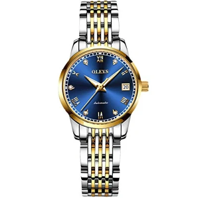 Afbeelding van RORIOS Automatisch horloge voor dames, modieus, oplichtend polshorloge met roestvrijstalen armband, waterdicht diamanthorloge, mechanische dameshorloges, blauw