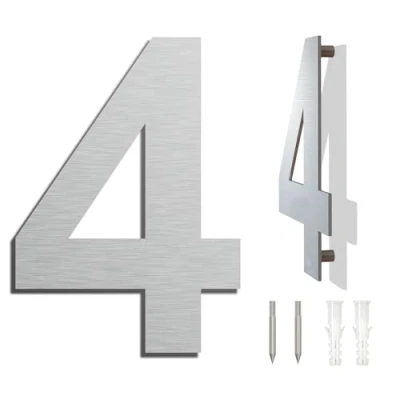 Afbeelding van Geborsteld modern huisnummer 6 inch 152 mm hoogte, gemaakt van massief 304 roestvrij staal, drijvend uiterlijk en eenvoudig te installeren (nummer 4 vier)