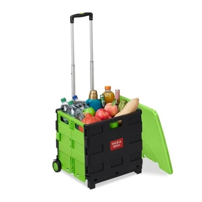 Afbeelding van Relaxdays boodschappentrolley met deksel inklapbaar vouwkrat 2 wielen kunststof groen