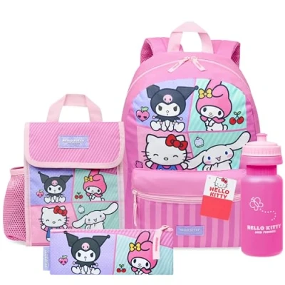Afbeelding van Hello Kitty Sanrio Rugzak Set 4 Stuks Meisjes Waterfles Potlood Etui Geïsoleerde Lunch Tas Cinnamoroll Kuromi My Melody Tieners Kawaii Schoolbenodigdheden