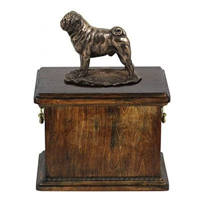Afbeelding van Art Dog Custom Sitting Statue Memorial Urn Handgemaakt Koudgegoten Brons op Berkenbasis Stevige en Stijlvolle voor Hondenas 29x21x38cm Mopshond
