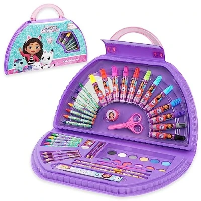 Afbeelding van Gabby&#039;s Dollhouse Kleurset, voor kinderen, verven, tekenen, set van ruim 40 stuks, kleurpotloden, papier, viltstiften, kunst, meisjes (paars, halve maan)