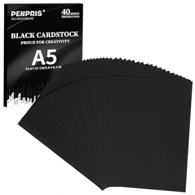 Afbeelding van 300gsm zwart karton 40 vellen A5 formaat kartonnen papieren omslag kaart voorraad 110 lbs zwaargewicht papier dik voor doe het zelf kaarten maken, uitnodigingen, ansichtkaarten,
