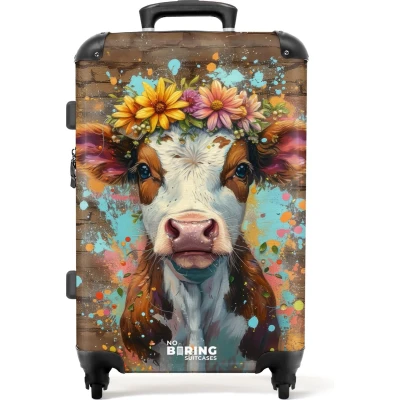 Afbeelding van NoBoringSuitcases.com® Koffer groot Rolkoffer lichtgewicht Graffiti koe met kleurrijke bloemen Reiskoffer 4 wielen Grote trolley XL 20 kg bagage