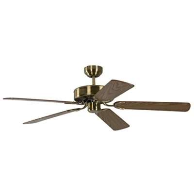 Afbeelding van Potkuri Plafondventilator zonder verlichting, behuizing messing antiek, omkeerbare vleugels eiken of met rotaninzet, 132 cm, voor ruimtes tot 25 m²