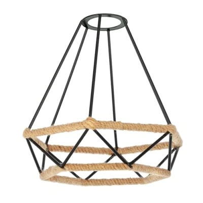 Afbeelding van ledscom.de Cage lampenkap met henneptouw, ruit, zwart, 200mm Ø, lampenkap, industrieel, touw, boho, decoratie, kooi, industrie, draad, rooster, vintage, retro, mand, rustiek, rotan