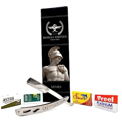 Afbeelding van Roman Empire Shaving Mars vrij scheerapparaat, professioneel scheerapparaat voor baard, snor en contouren met 20 mesjes (Astra Derby Shark Treet)