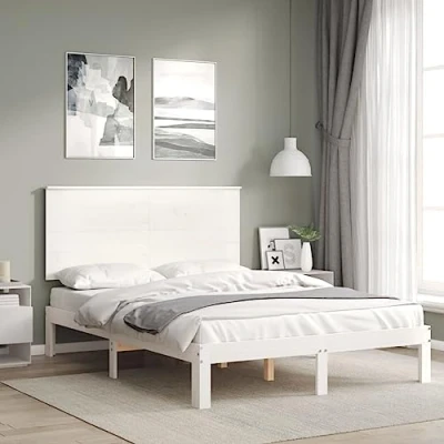 Afbeelding van Bedframe Met Hoofdbord Massief Hout 120X200 cm 140 x 200 / Wit