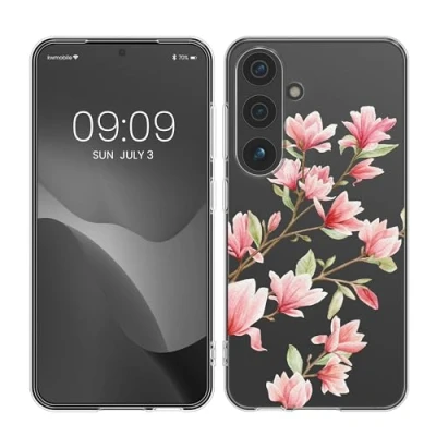 Afbeelding van kwmobile telefoonhoesje geschikt voor Samsung Galaxy S24 Hoesje smartphone in poederroze / wit transparant Magnolia design