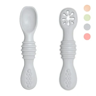 Afbeelding van VegMai® Voorlepel voor baby&#039;s, BLW leerlepel, niveau 1 + 2, aanbevolen door voedingswetenschappers en experts baby led weaning, antibacterieel ergonomisch siliconen bestek (grijs)