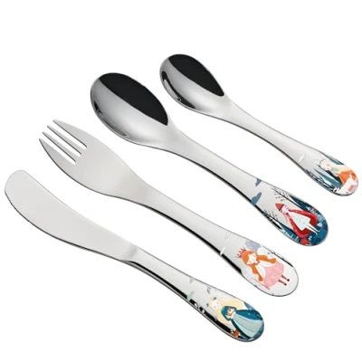 Afbeelding van cilio Princess Kinderbestek, 4 delig, roestvrij staal, ergonomische vorm, kindermes 21 cm, kindervork kinderlepel 20 kleine lepel 17 prinsessenmotieven gegraveerd