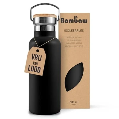 Afbeelding van Bambaw 500ml Roestvrijstalen Thermosfles, Milieuvriendelijke Herbruikbare Fles, Dubbelwandige Waterfles 500ml, Lekvrij en Plasticvrij, Metalen Drinkfles, Voor Warme Koude Dranken Inktzwart