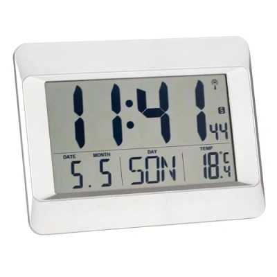 Afbeelding van TFA Dostmann Digitale wandklok, 60.4519, radioklok met binnentemperatuur, dag van de week (8 talen), datum, tijdzone instelling, kunststof, (L) 215 x (B) 160 (H) 26 (68) mm (zilver)